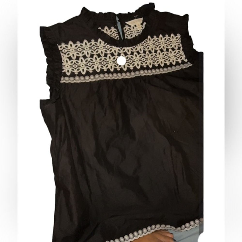 ADiVA black white trim embroidered boho ruffle high neck sleeveless blouse Sz XL